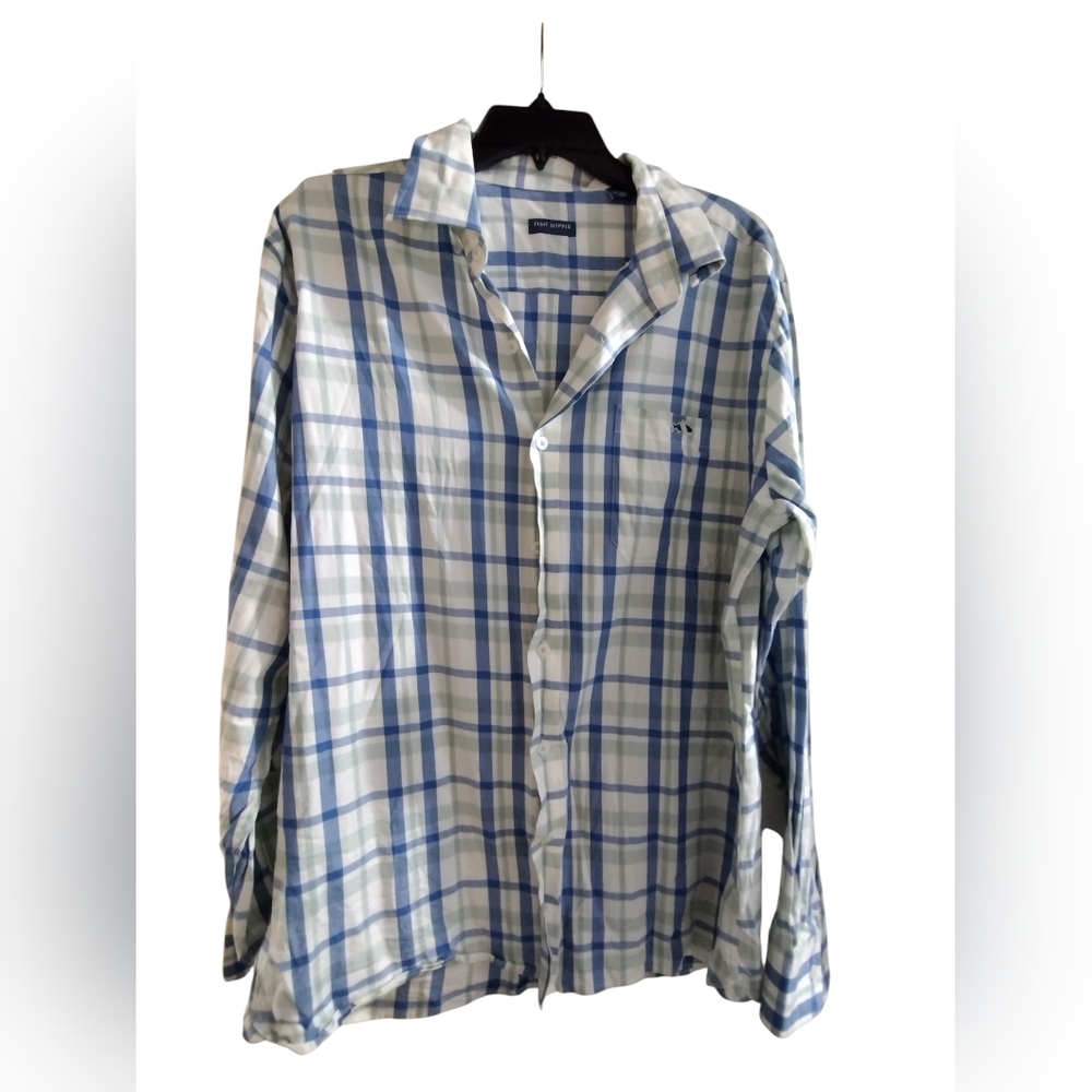 💚 Fish Hippie Runfront Collection Men's Blue Green White Plaid Button Down LG